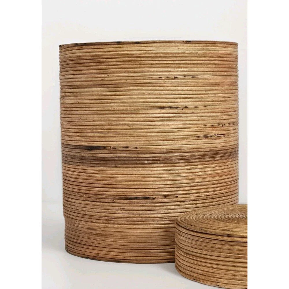 Vintage Coiled Rattan Wood Canister Lid Boho MCM Bamboo Bucket/Container